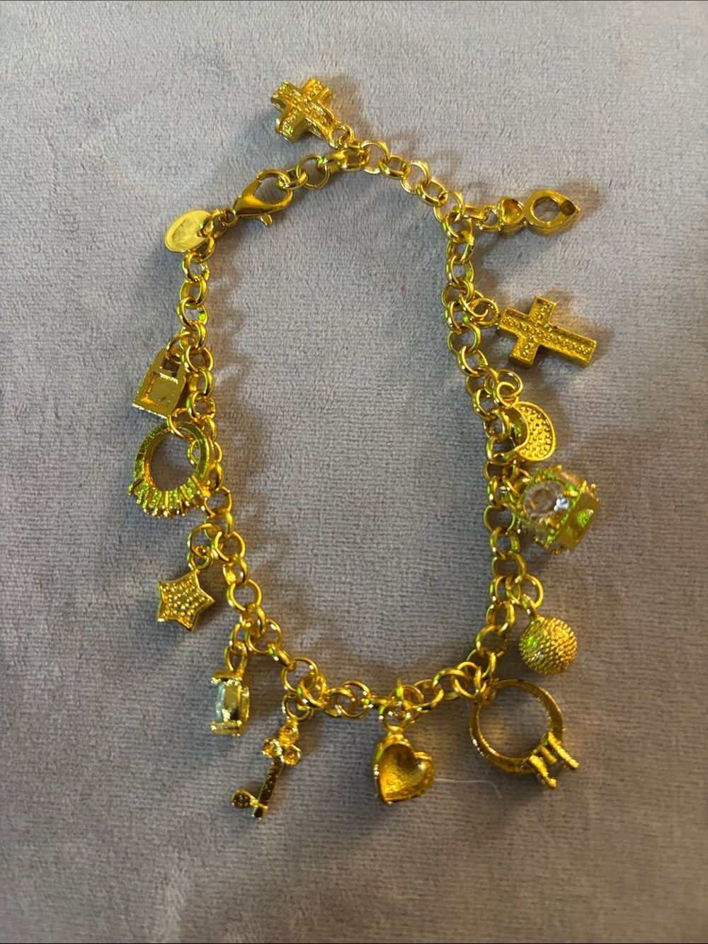 Gold-Tone Charm Bracelet with Cross, Heart & Star Charms - Women's Jewelry